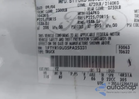 2005 Ford Ranger Edge/Stx/Xl/Xls/Xlt z USA, uszkodzony, nr VIN 1FTYR10U35PA25331